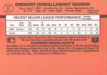 1990 Donruss #37 Greg Vaughn