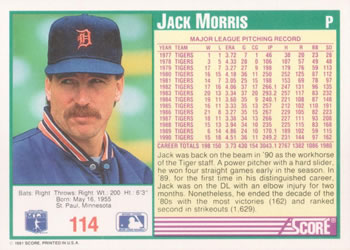 1991 Score #114 Jack Morris