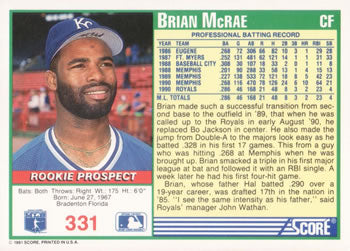 1991 Score #331 Brian McRae