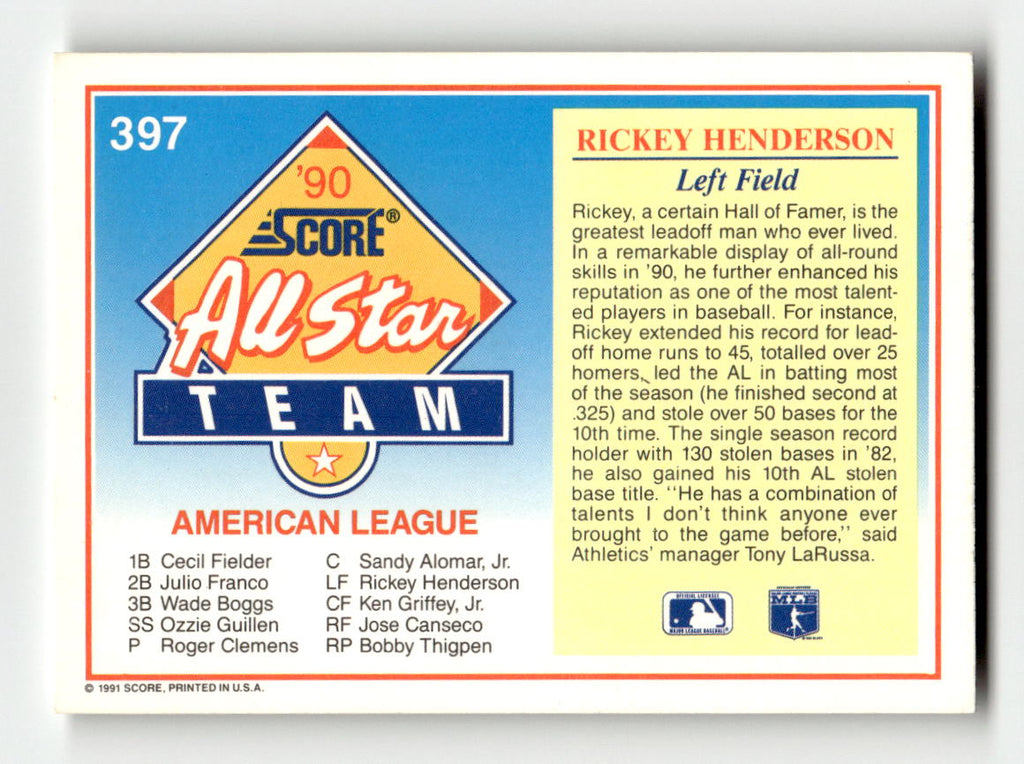 1991 Score #397 Rickey Henderson