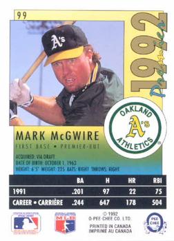 1992 O-Pee-Chee Premier #99 Mark McGwire