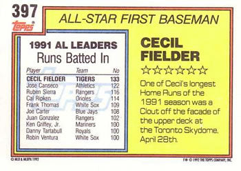 1992 Topps #397 Cecil Fielder