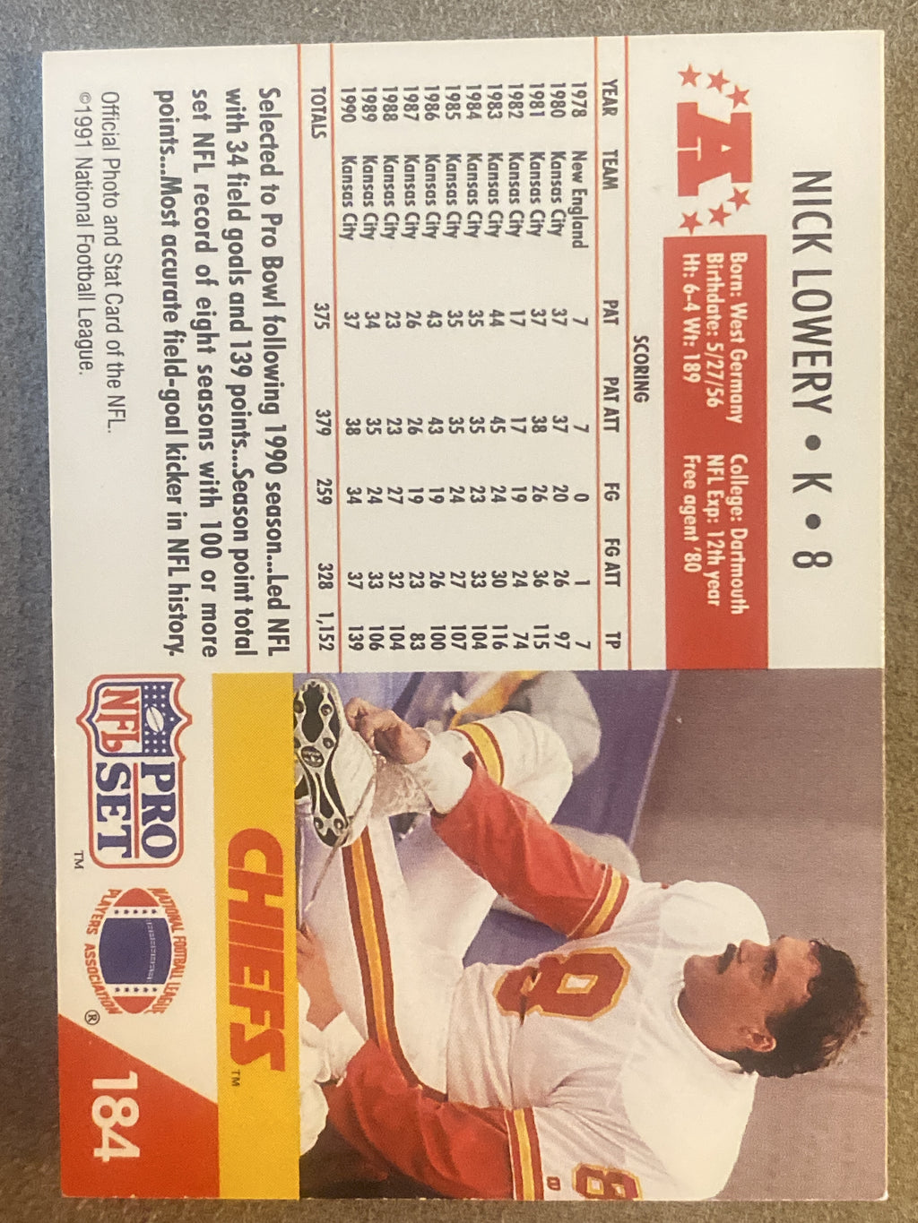 1991 Pro Set #184 Nick Lowery