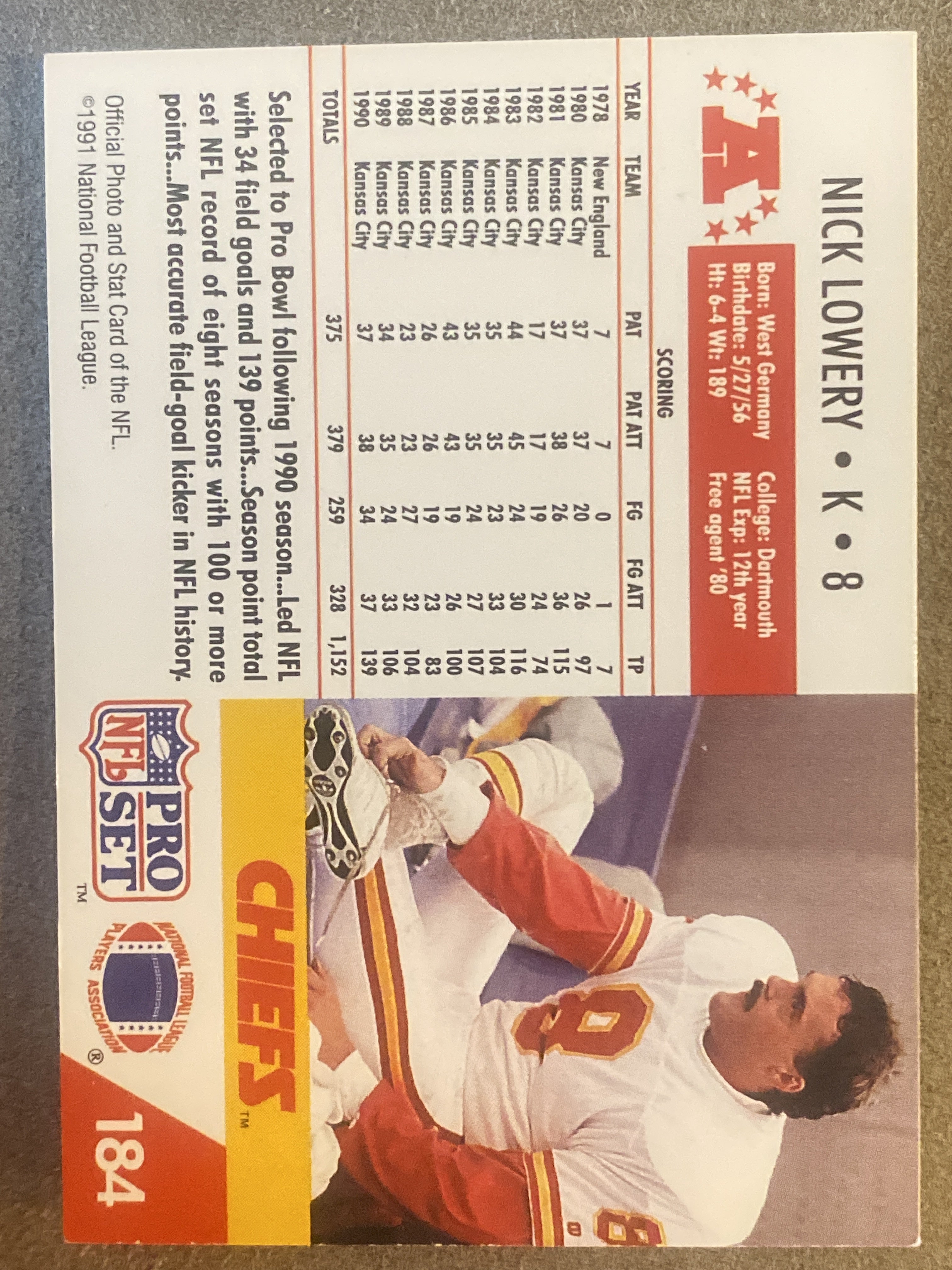 1991 Pro Set #184 Nick Lowery