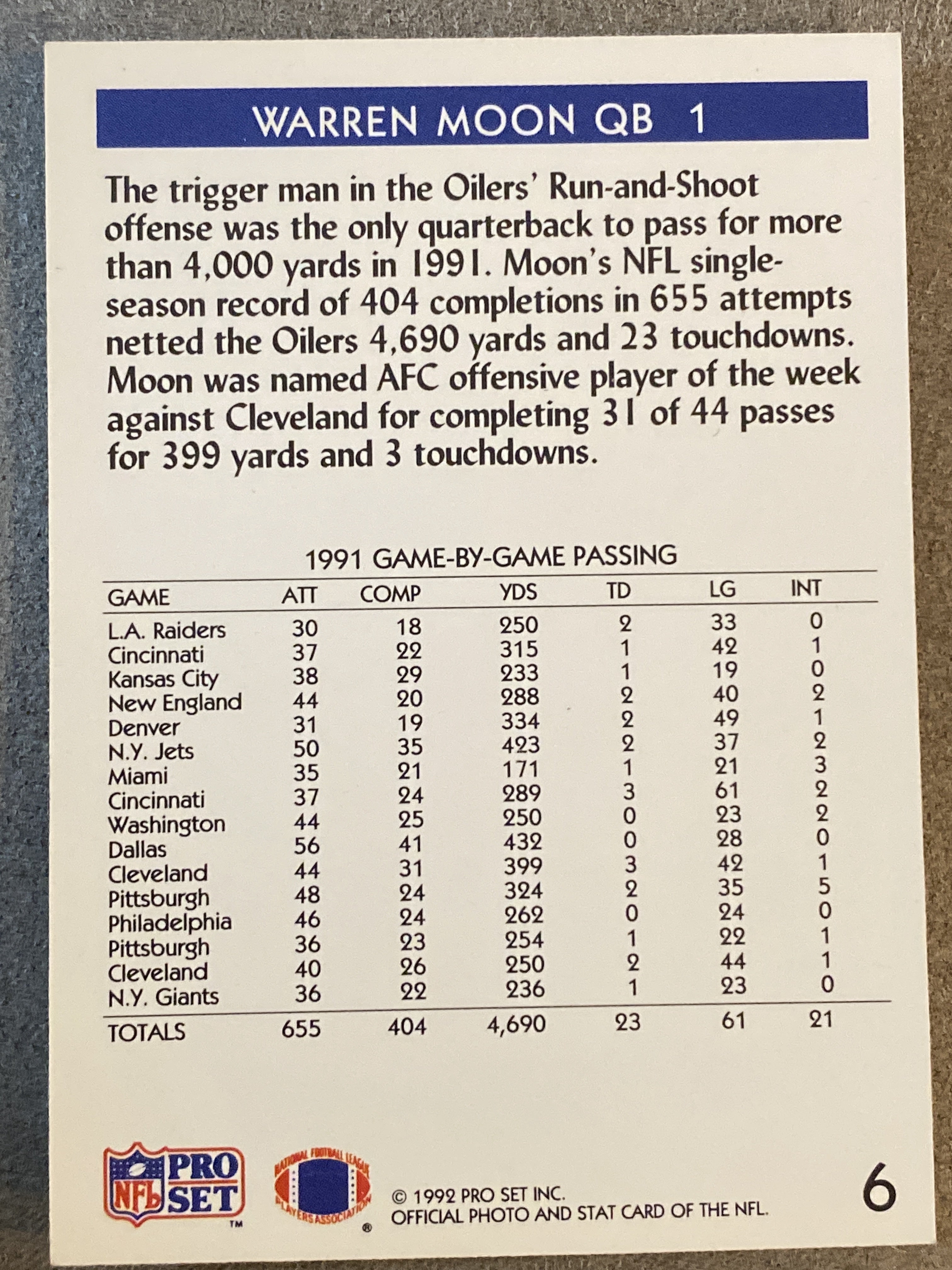 1992 Pro Set #6 Warren Moon