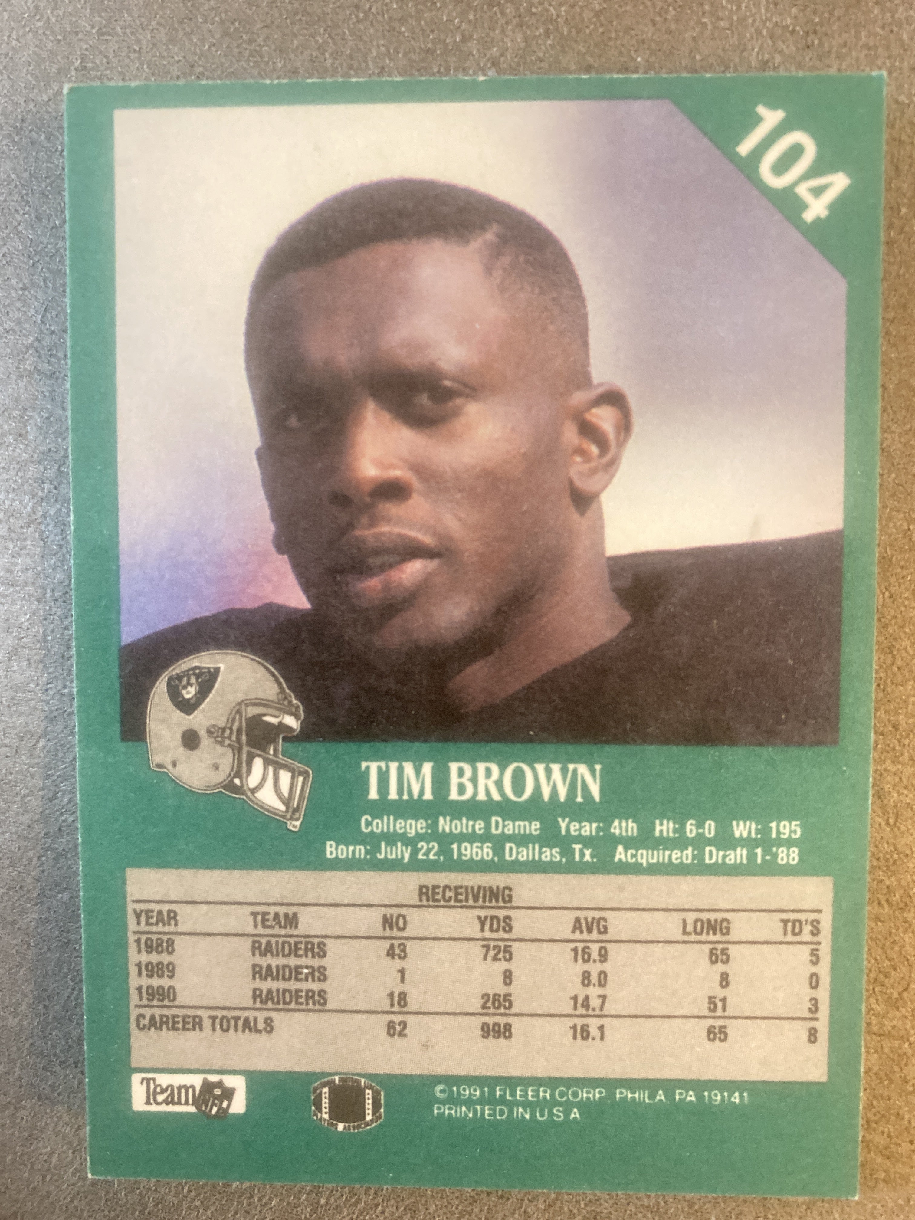 1991 Fleer #104 Tim Brown
