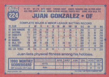 1991 Topps #224 Juan Gonzalez