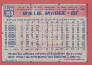 1991 Topps #380 Willie McGee