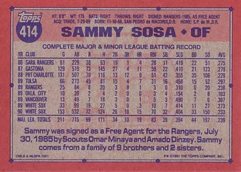 1991 Topps #414 Sammy Sosa