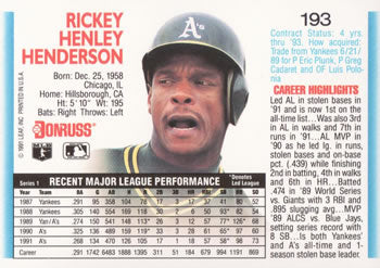 1992 Donruss #193 Rickey Henderson