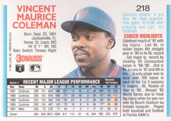 1992 Donruss #218 Vince Coleman