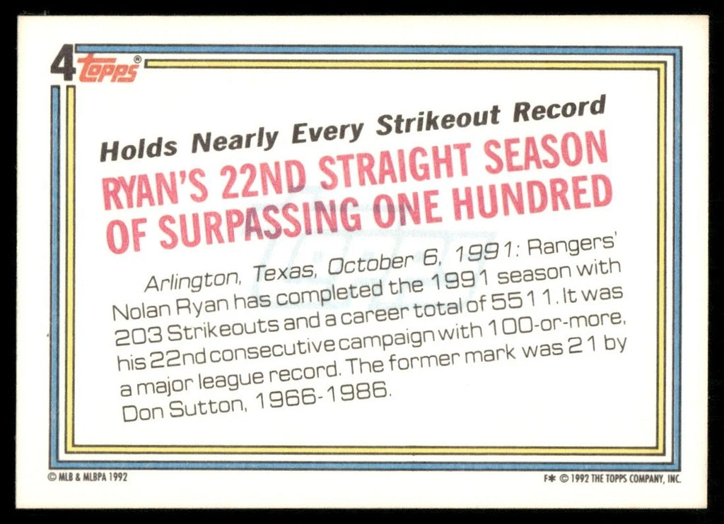 1992 Topps #4 Nolan Ryan