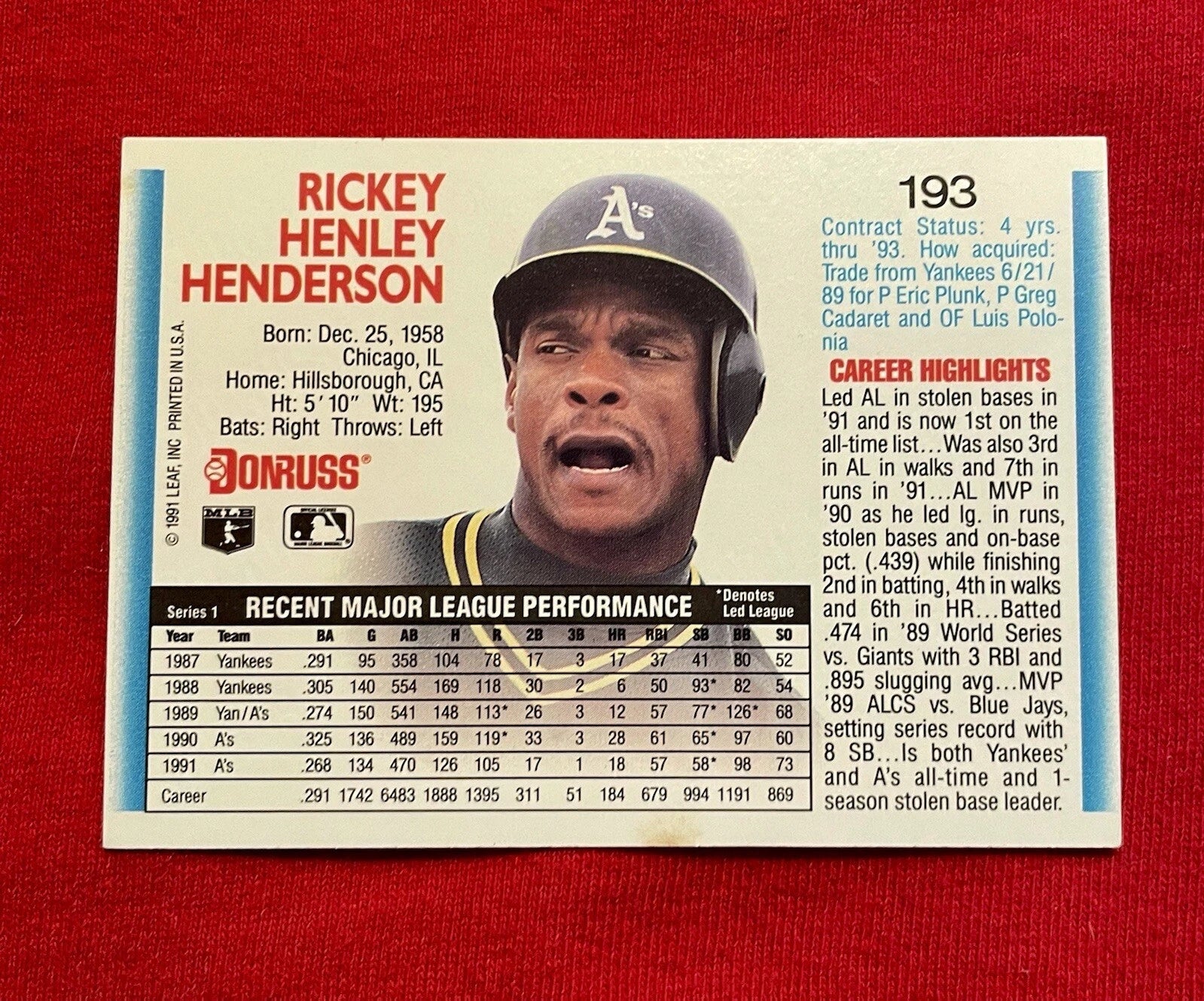 1992 Donruss #193 Rickey Henderson