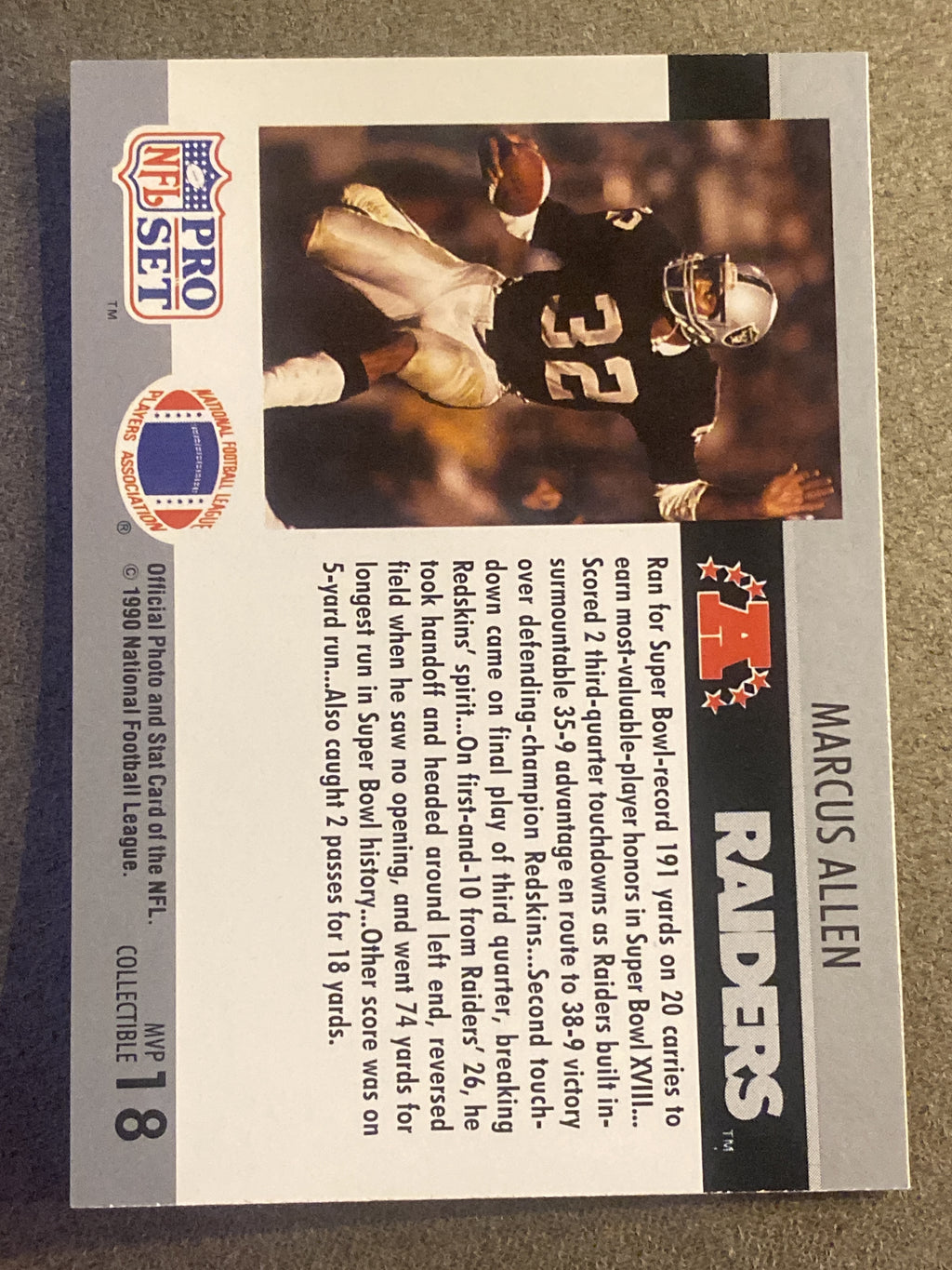 1990 Pro Set #18 Marcus Allen Super Bowl MVP Collectibles